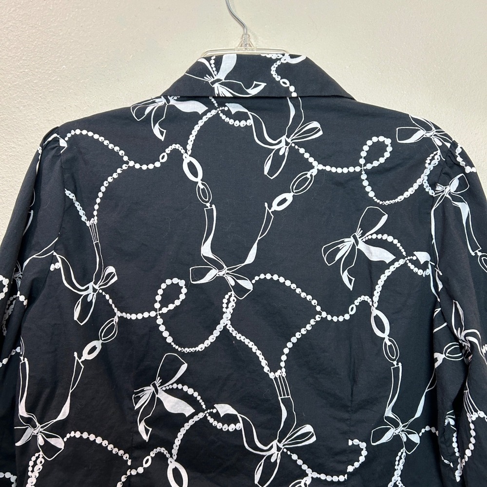 Blouse Womens XL Black White Ruffle Front Chain Bow Whimsigoth Statement Siren - Picture 11 of 13
